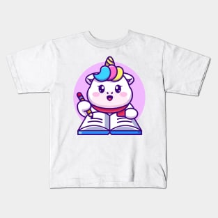 Cute unicorn writing on book with pencil cartoon Kids T-Shirt